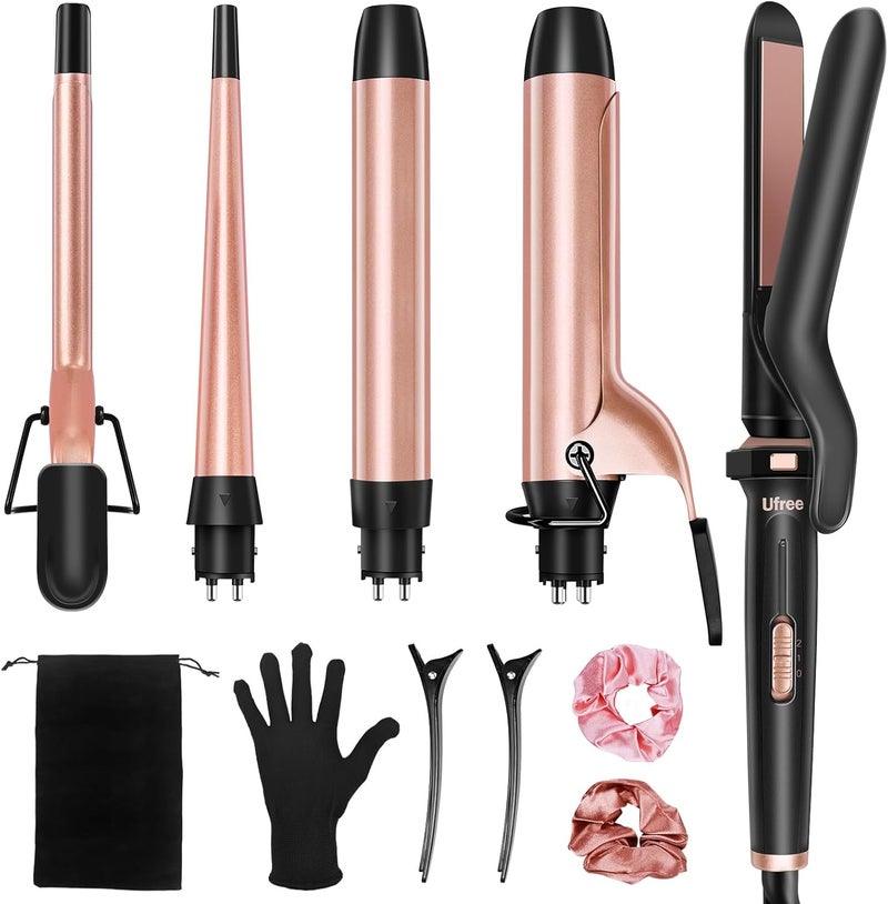 UFREE 5 in 1 Curling Iron with Interchangeable Ceramic Barrels (0.35"-1.25"), Curling Wand Set with Flat Iron Hair Straightener, Instant Heat Up, Dual Voltage Hair Curler, Gifts for Women - Image 1